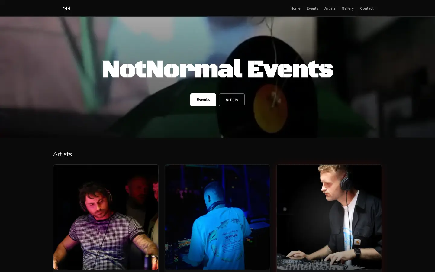 The NotNormal Events home page: a photo header with the name and two buttons, above a row of artist photos.