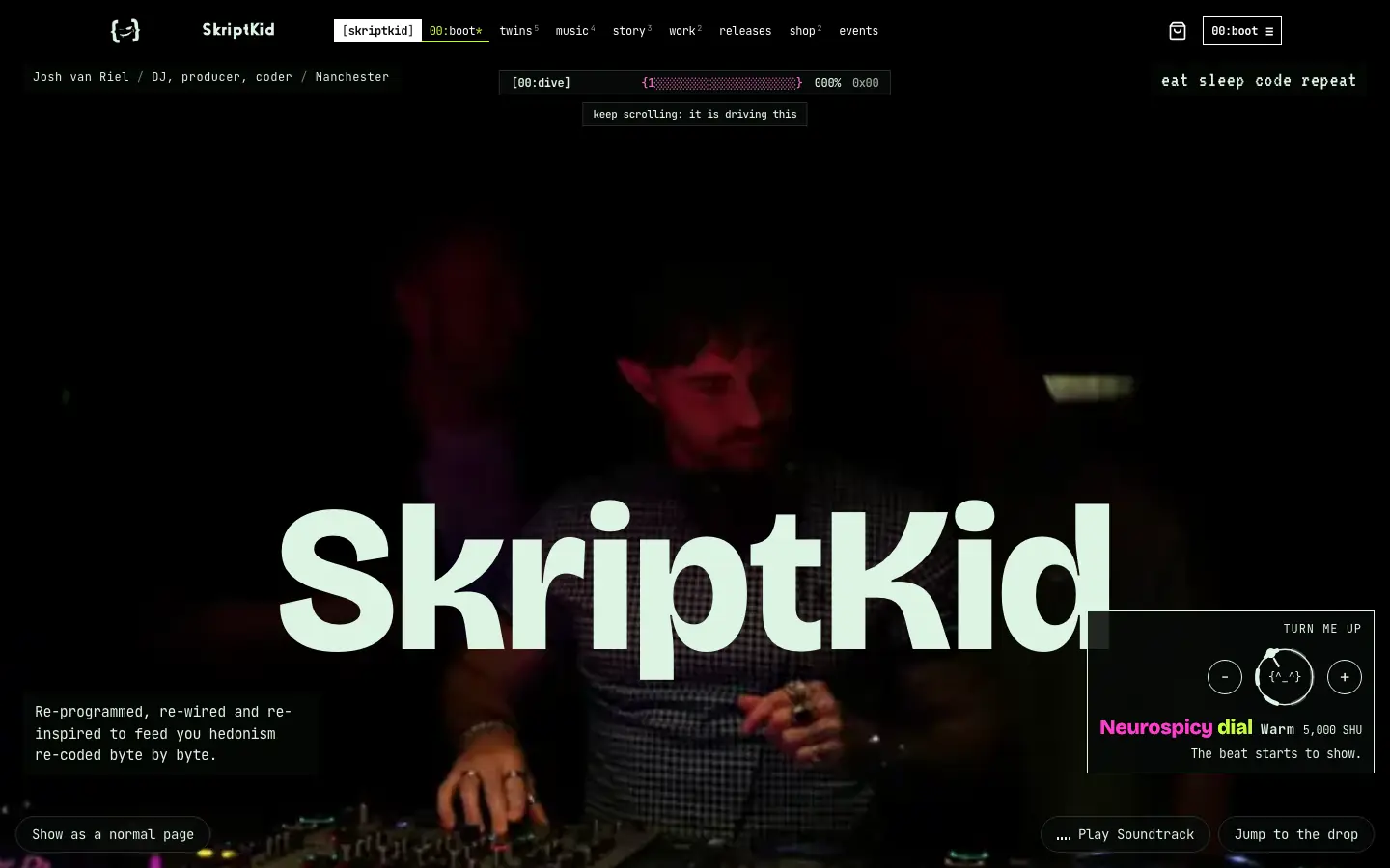 The SkriptKid home page: a full-screen scroll film with a large animated title over a photo of the DJ, a dial and a soundtrack button.